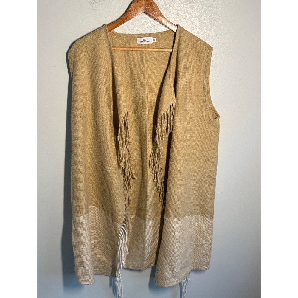 Vineyard Vines Womens XL Tan Beige Fringe Open Front Sweater Vest Wool Blend
